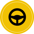 A yellow circle with a black steering wheel in it