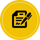 A yellow circle with an image of a pen and paper